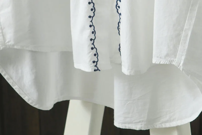 Mujer рубашка с цветочной вышивкой Топы средней длины высокое качество длинный рукав хлопок белые блузки женские Асимметричные Camisas Roupa