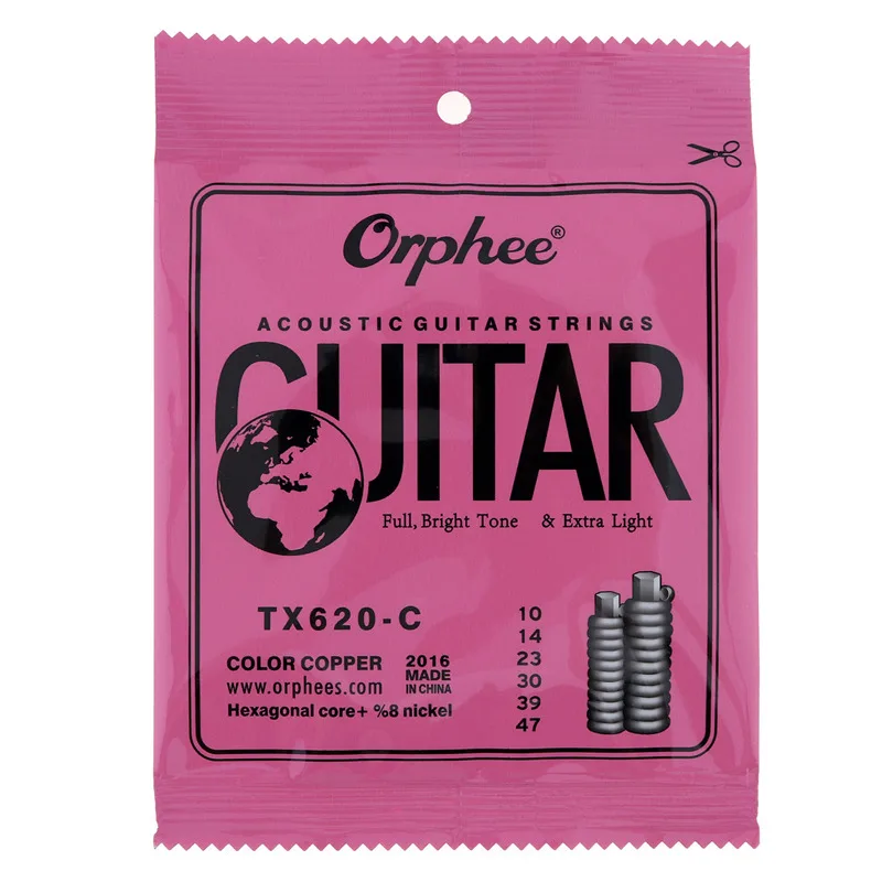 Orphee 6 шт./компл. Струны для акустической гитары многоцветные медные струны с полным ярким тоном и дополнительным светом TX620-C