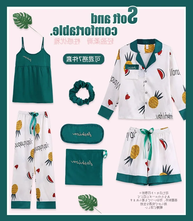 

Seven Sets Pajamas Women's Spring And Autumn Summer Imitated Silk Fabric Long Sleeve Korean-style Fresh Students Outer Wear Home