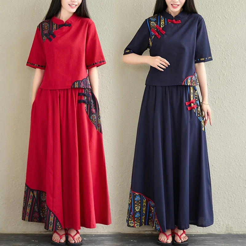 Комплект из 2 предметов в китайском стиле Женские костюмы Новое поступление Топ