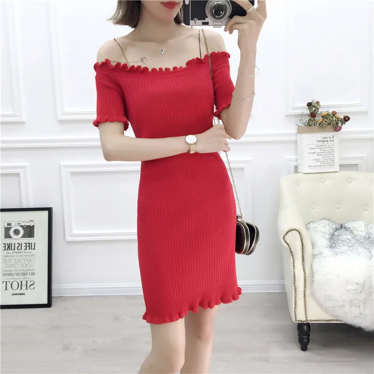 

Jersey Dress 2019 Spring And Summer New Style Horizontal Neck off-Shoulder Off-shoulder Skirt Sexy Sheath Base Long Skirts