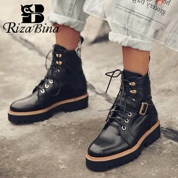 

RIZABINA Real Leather Winter Women Motorcycle Boots Fashion Non-Slip Women Round Toe Shoes Buckle Flats Lace Footwear Size 34-39
