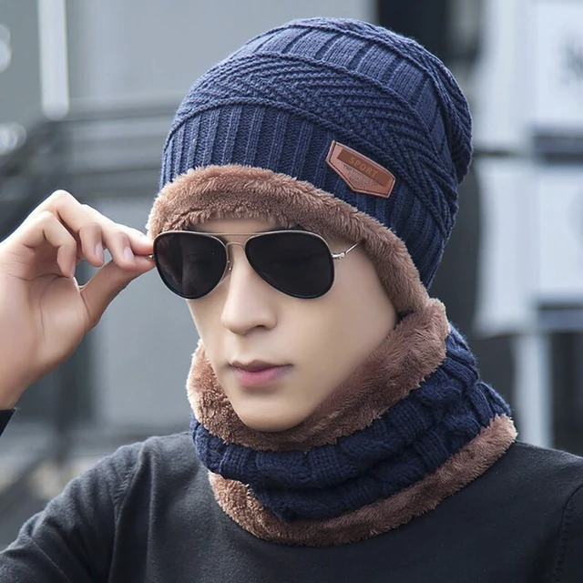 Men Winter Beanie Hats Scarf Set Warm Knit Hats Skull Cap Neck Warmer with  Thick Fleece Lined Winter Hat & Scarf for Women-Blue