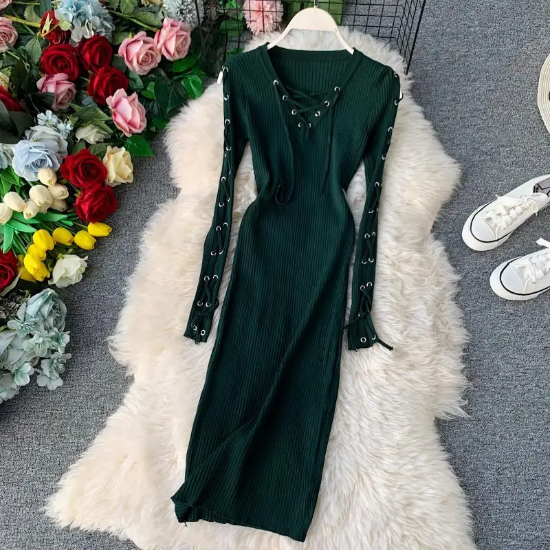 

Fashion Slim V Neck Lace Up Autumn Winter Bodycon Knit Sweater Midi Pencil Bandage Dress Party Women Casual Long Sleeve Vestidos