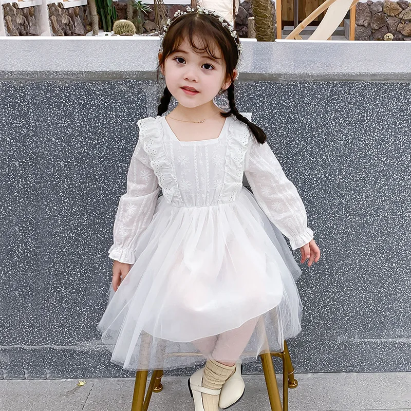 Новое поступление, Осеннее модное Кружевное платье-пачка принцессы для девочек детское белое платье с длинными рукавами платья для девочек