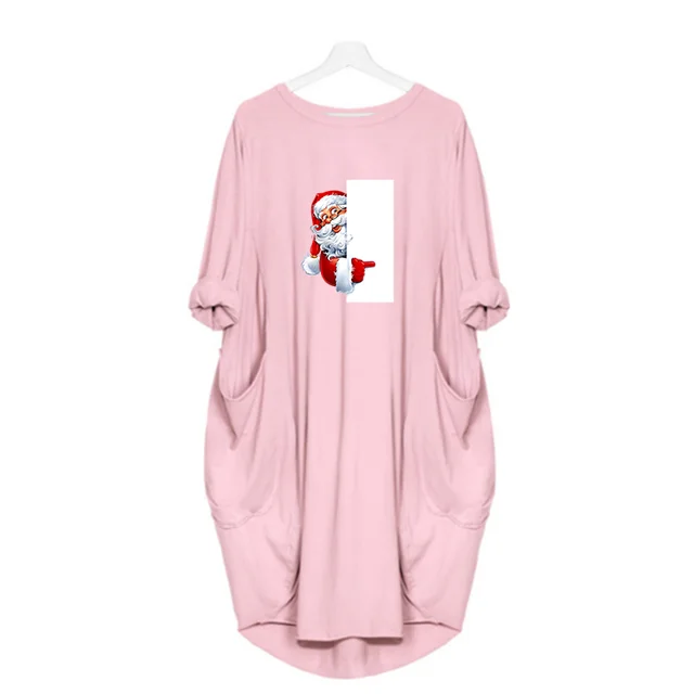Navidad Women Dress Christmas Pocket Casual Loose Vintage Party Fall Clothes Santa Claus Kawaii Womens  Dresses D002M542 Pink
