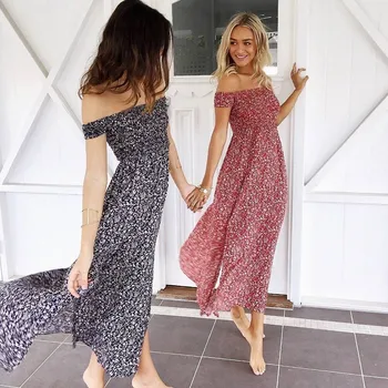 

Europe and the United States summer women's cross-border new sexy wrap chest word shoulder floral long skirt split fork dress
