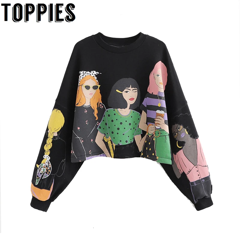 

Sudadera con estampado de chica de dibujos animados Harajuku camisetas recortadas cuello redondo jerseys 2020 moda coreana Hooides