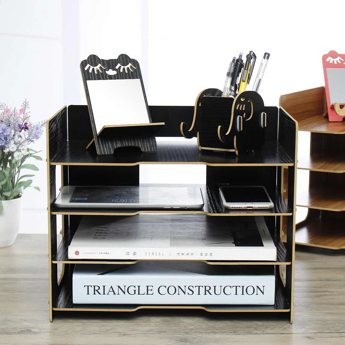 

DIY Wood Hand Made Desk Organizer Office School Supplies Organizer 4 Layers File Tray With Pen Holder and Mirror Stand
