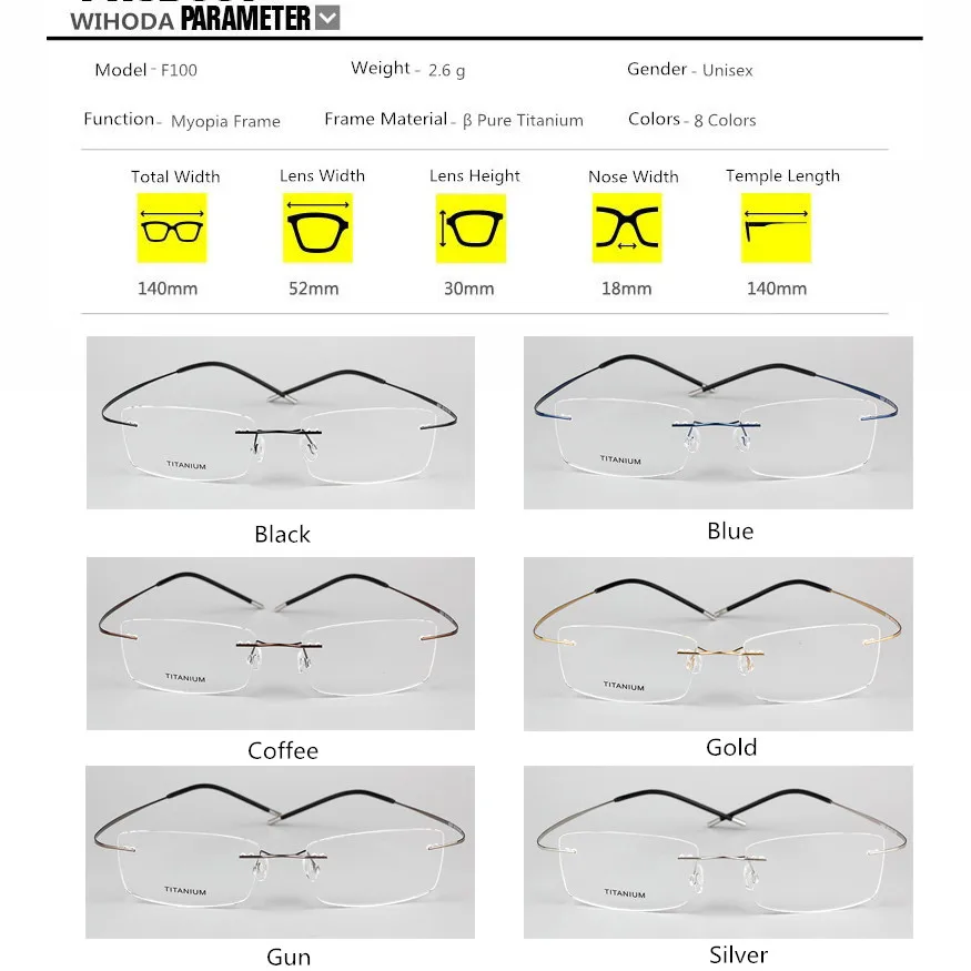 Очки без оправы из чистого титана, мужские очки с диоптрией близорукость оправа для оптических очков, Безвинтовые квадратные очки F099
