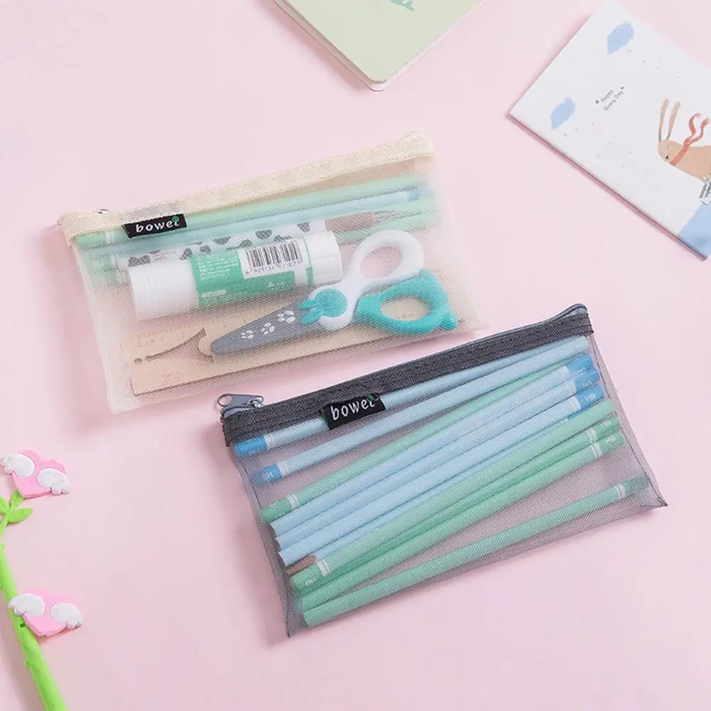4 Colors Mesh Zipper Bag School Supplies Student Stationery Pencil Case Office Supplies Simple Clear Pencil Pen Storage Bags