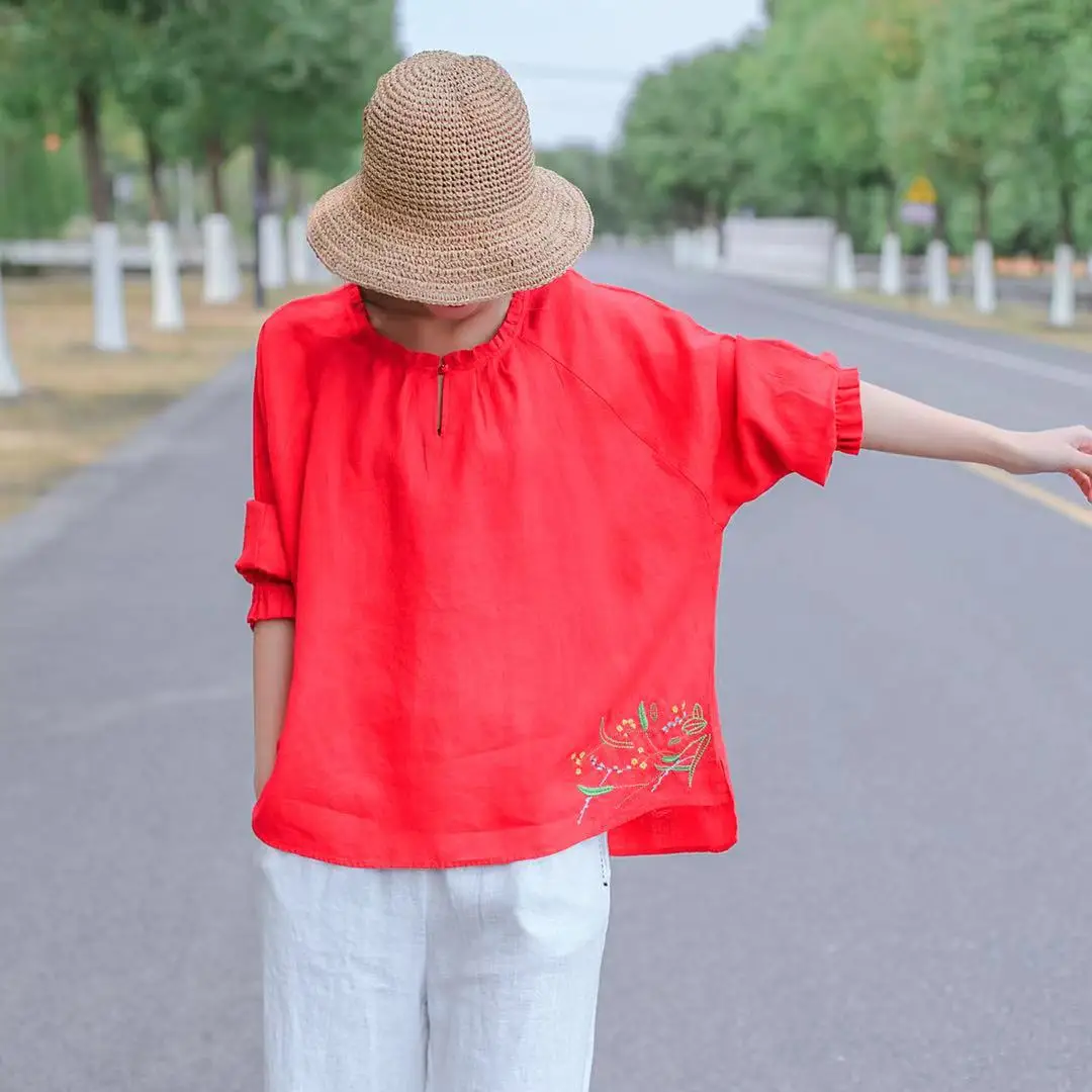 Национальный стиль ретро литературная хлопковая и льняная рубашка Женская Весенняя свободная льняная рубашка с длинными рукавами