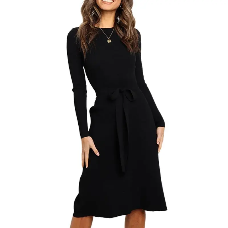 

Womens Autumn Ribbed Knit Slim Casual Midi Long Swing Dress Belted Waist Sweater