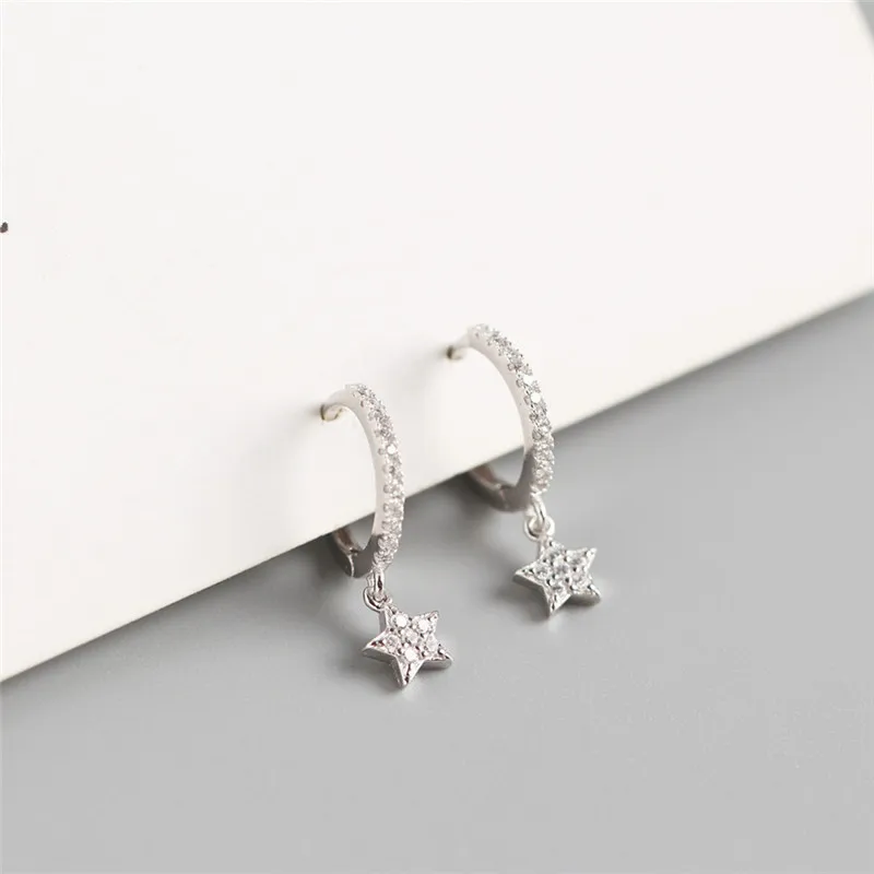 OLOEY Real 925 Sterling Silver Hoop Earrings for Women Europe Delicate Star Pendant Earring Fine Party Jewelry Gifts YME614