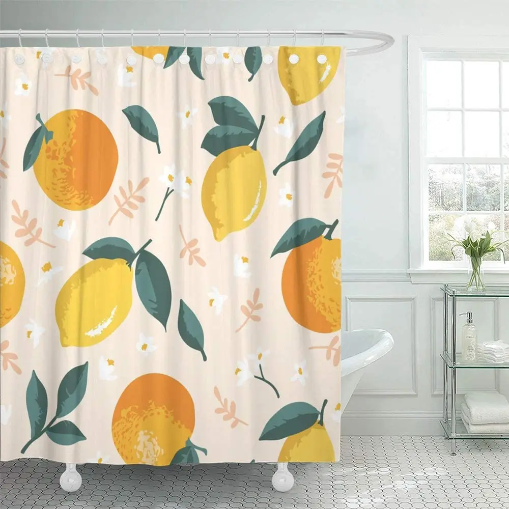 Decor Colorful Citrus Summer Pattern with Lemons Oranges Flowers and Leaves Design Green Fruit Grapefruit 66&quotx72&quot Waterproof | Дом и