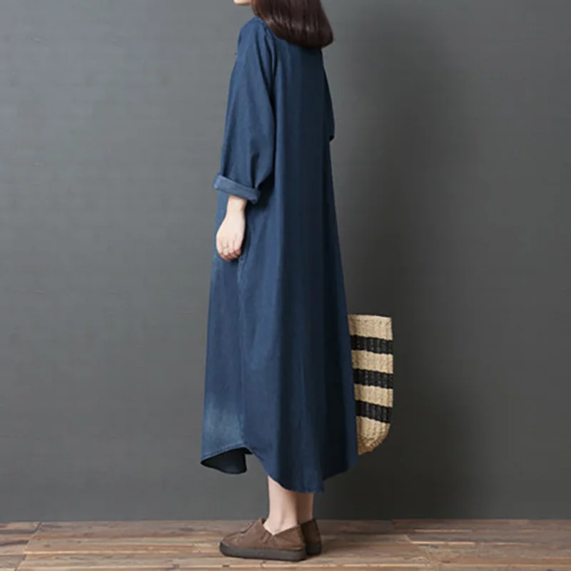 Spring New Denim Long Dress 2021 Loose Turn-down collar Long Sleeve Cotton Blue Dress