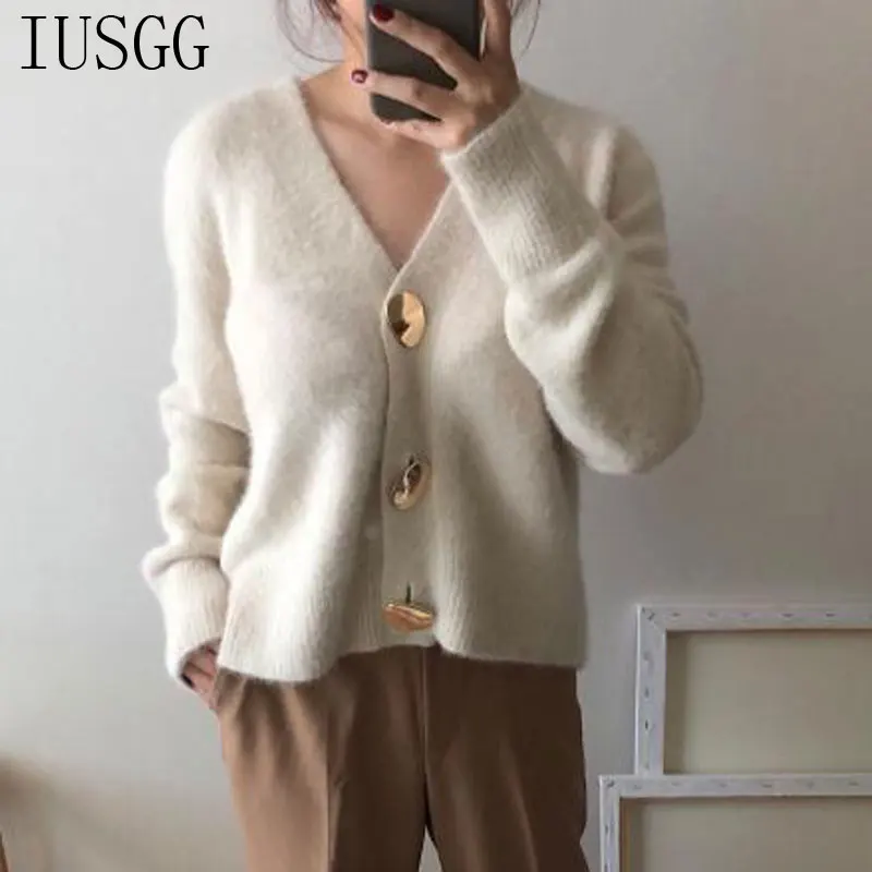 

Mink Cashmere Sweater Golden Shiny Button Single Breasted Coat Basic Knitted Outerwear 2019 Elegant Cargidan Winter Clothes