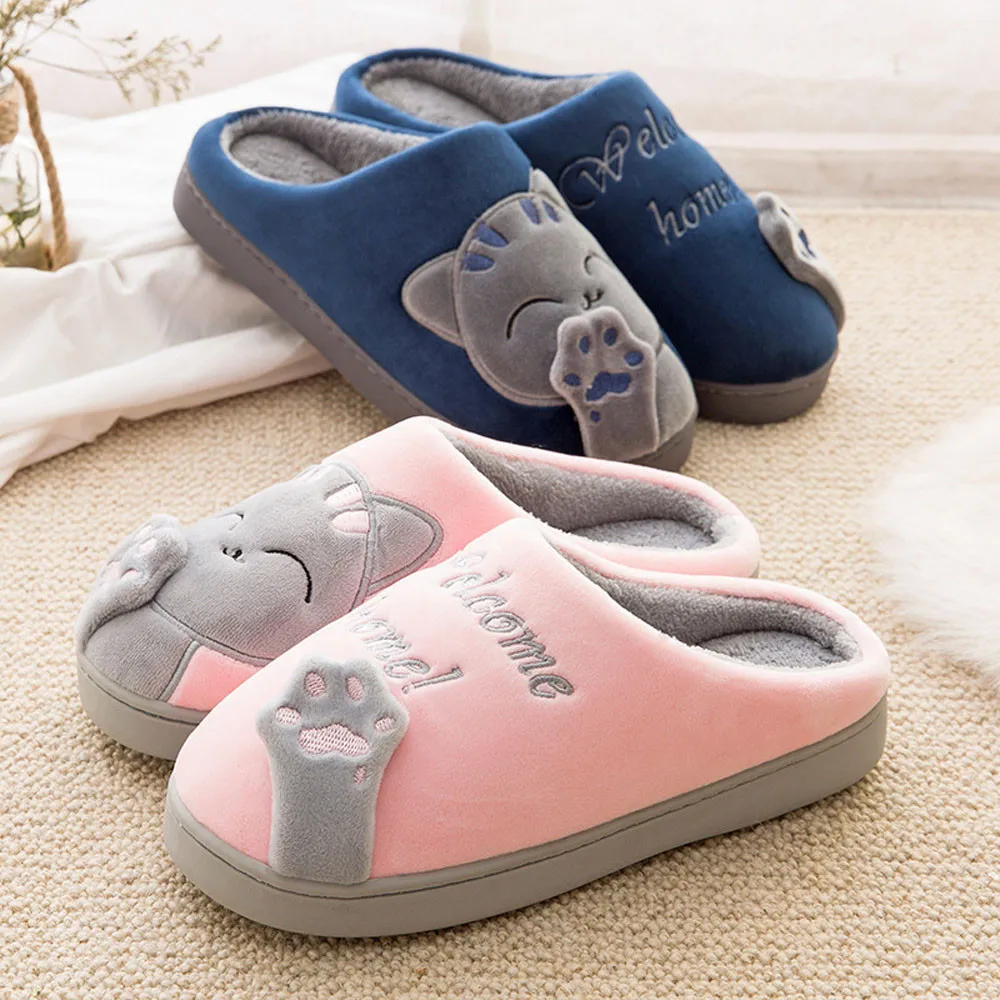 Men Winter Home Slippers Cartoon Cat Non-slip Warm Indoors Bedroom Floor Shoes Male House Bedroom Slippers Warm Winter Cotton