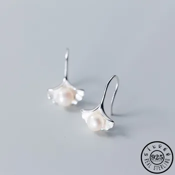 

925 Sterling Silver Gingko Leaf Shape with Natural Freshwater Pearl Statement Dangle Drop Earrings Fine Jewelry for Women