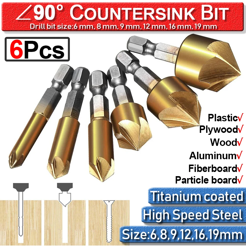 

Cutter Screw Hole 5 Flutes Countersink Drill Bit Wood Working Metal 6Pcs Hex 6-19mm Countersink Bit Tool 1/4" Hex Chamfer