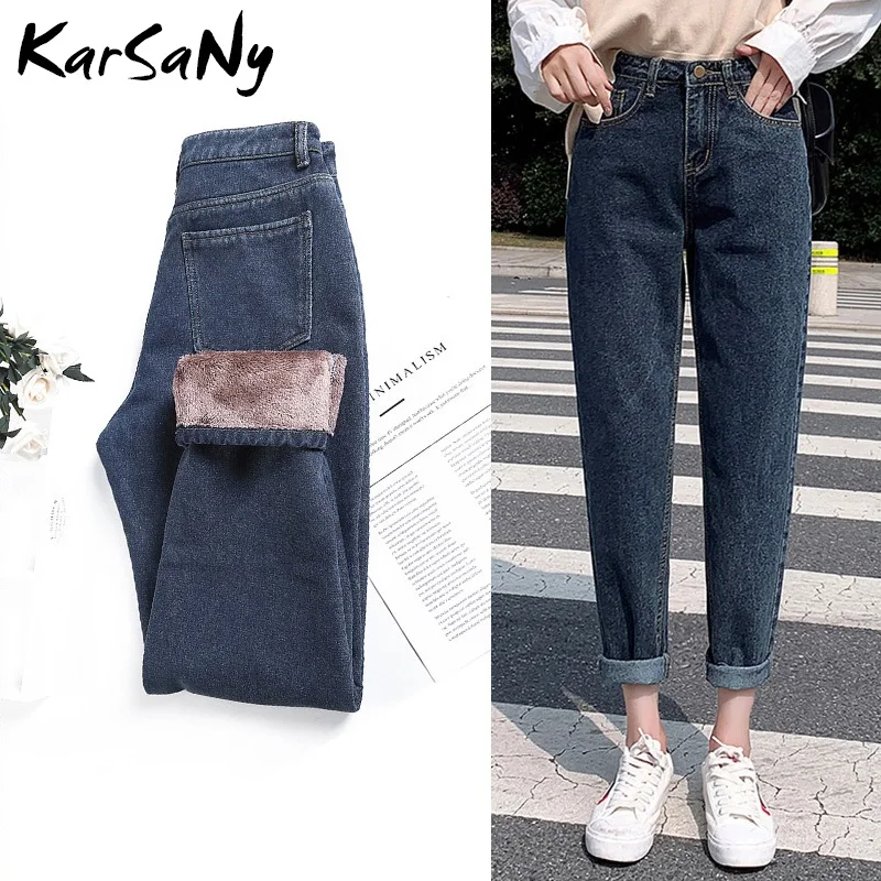 KarSaNy/женские зимние джинсы с высокой талией 2019, теплые плотные джинсовые штаны шаровары для бойфренда, женские джинсы с флисовой подкладкой, женские зимние джинсы on AliExpress 