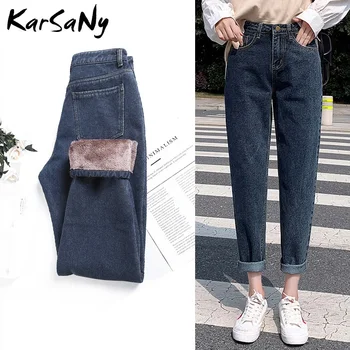 

KarSaNy High Waist Winter Jeans Women 2019 Boyfriend Warm Thick Harem Denim Pants Women's Jeans Fleece Lined Jean Femme Winter
