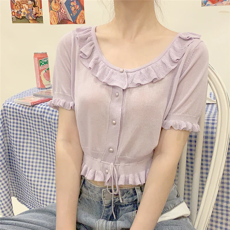 summer-vintage-ruffles-short-sleeve-blouses-for-women-korean-lace-up-knitted-crop-tops-lolita-cute-girl-sweet-button-down-shirts