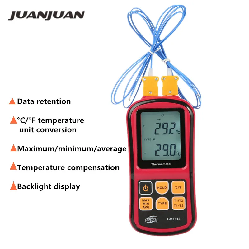 

GM1312 Digital Thermocouple Thermometer -50~300℃ with Backlight and Dual-channel Temperature Meter Tester