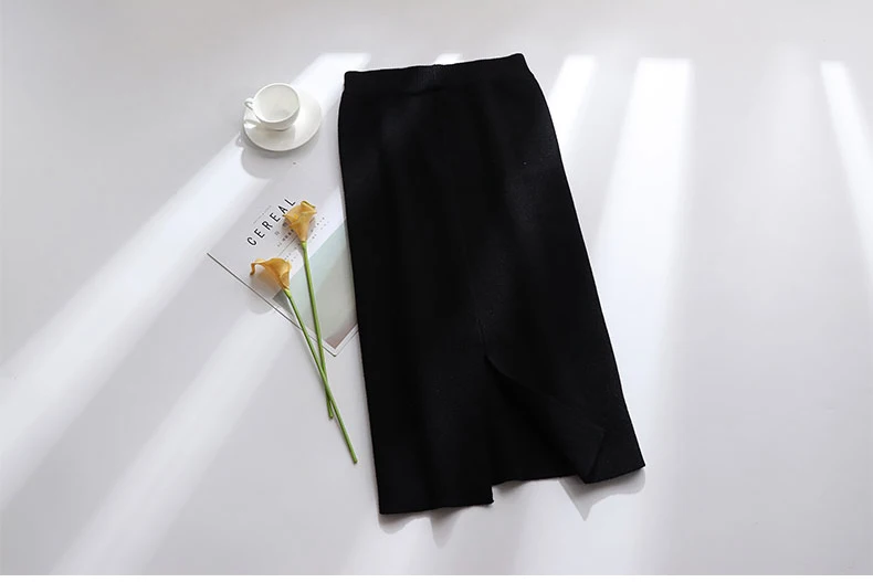 Long Black Skirt Новинка весны, Женская плиссированная прямая трикотажная юбка с высокой талией, Повседневная модная женская юбка миди с разрезом, B9D406S - Цвет: Long Black Skirt