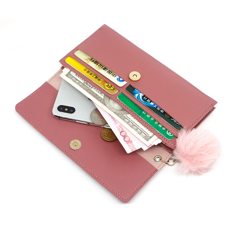 Women's purses Long Wallets Pure Color Wool Ball Bow Clutch Bag Card Coin Purse Standard Wallets PU Solid Polyester Wallet