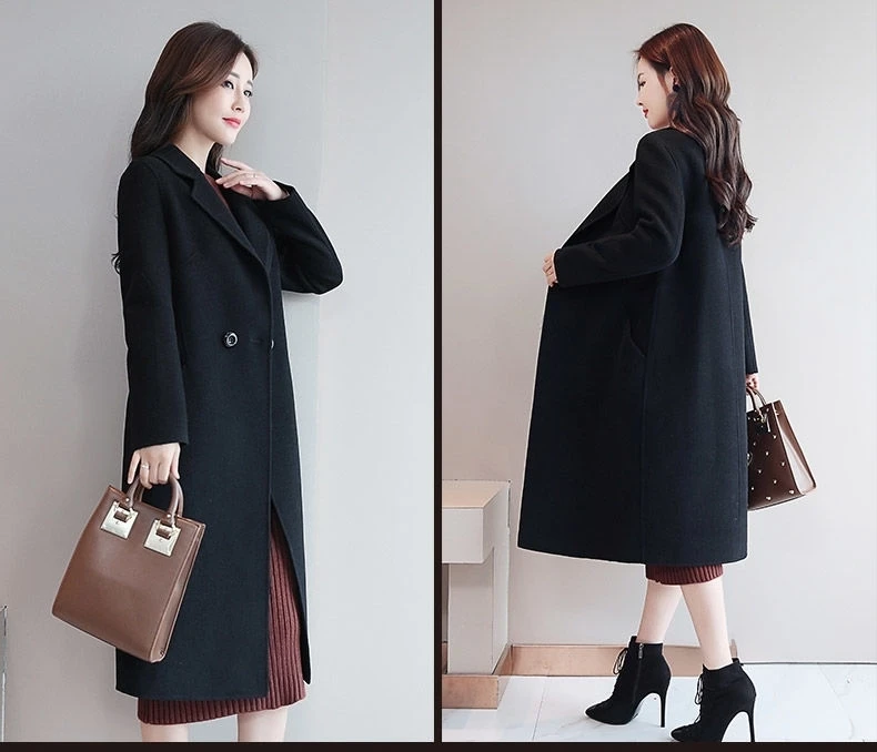 Fashion Faux Wool Blend Coat Korean Womens Woolen Vintage Female Coat Winter Women Ladies Long Outerwear Coats Basic Jackets