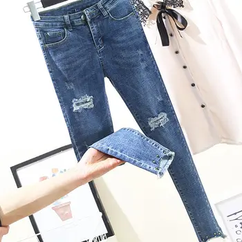 

2020 New Skinny Jeans for Women Denim pencil Pants Cotton Ripped Ankle Blue Stretch Pants Women Casual Trousers Plus Size