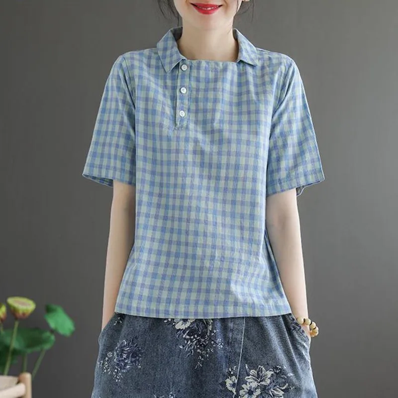 Blouses Shirts Women Summer Casual Plaid Tops New 2020 Korean Style Turn-down Collar Female Vintage Blouse High Quality P990 5