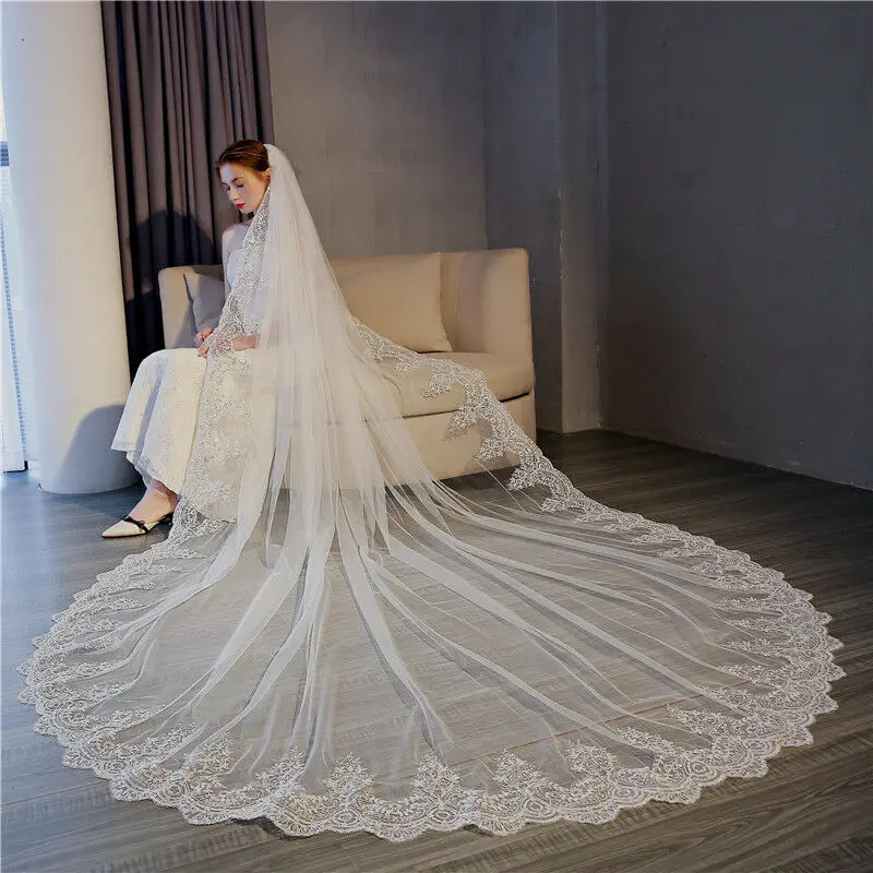 Luxury long white bridal veil 3 meters long lace veil wedding accessories + metal comb bling sequins lace long wedding veil cathedral bridal veil with comb white ivory 5 meters veil for bride wedding accessories