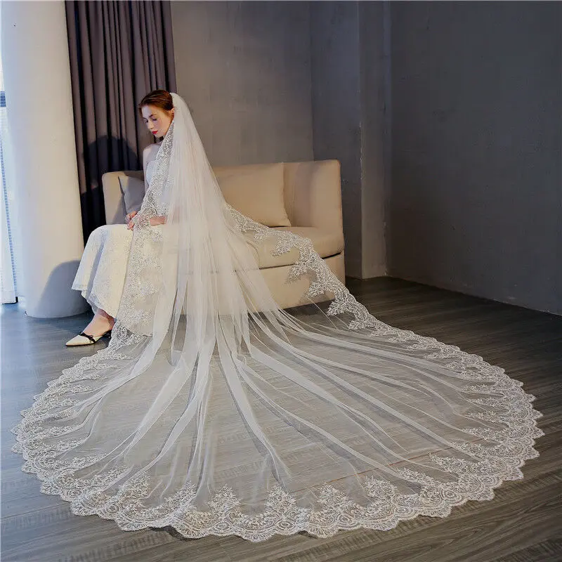 Luxury long white bridal veil 3 meters long lace veil wedding accessories + metal comb new arrival champagne long wedding veil lace appliques bridal veil wedding accessories for bride 2020 in stock