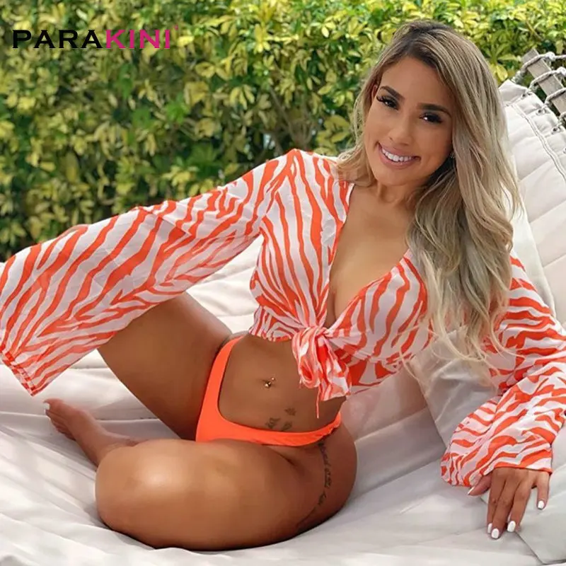 

PARAKINI Sexy Mesh Swimsuit High Waist Bikinis Women Swimwear 2020 Three Piece Bikini Set Cover Up Solid Bathing Suit Beach Wear