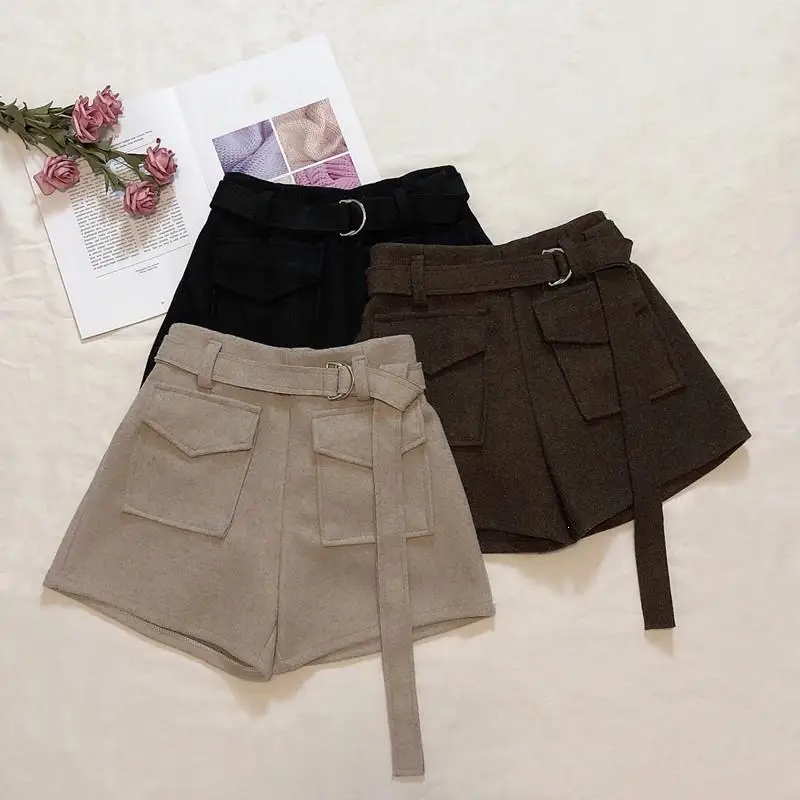 Женские шорты с высокой талией, зимние модные офисные шерстяные шорты с поясом, женские повседневные шерстяные шорты черного/хаки/кофейного цвета