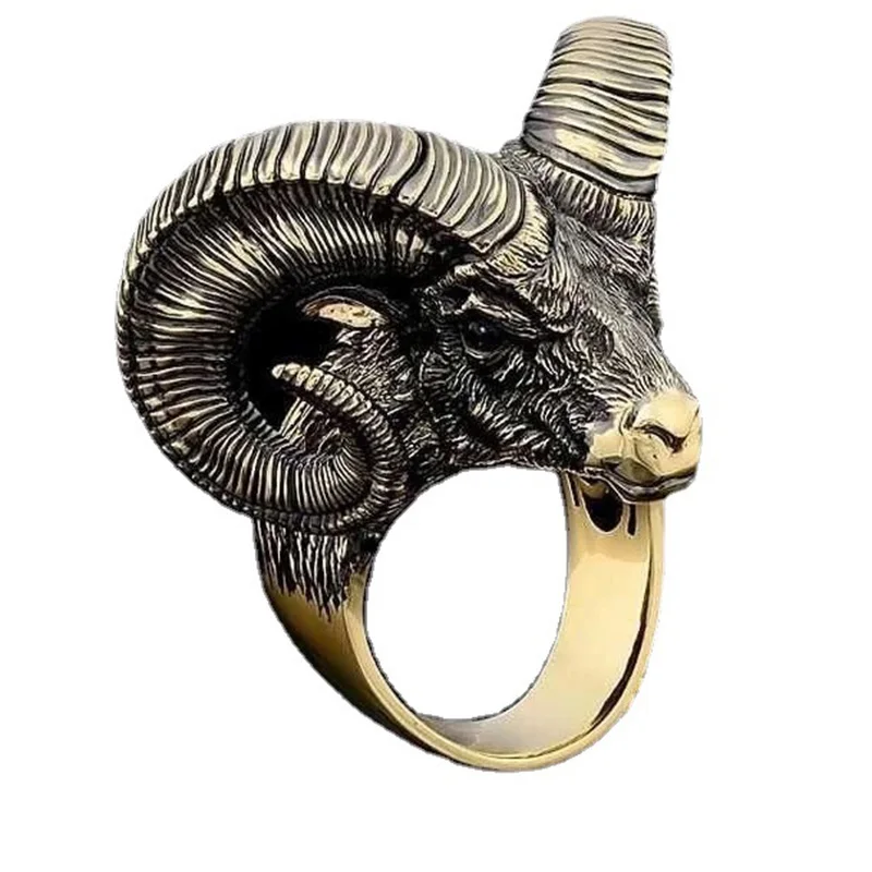 Personality Gold Plated Ram Head Rings for Men Women Punk Style Animal Jewelry Biker Finger Ring Satan Sheep | Украшения и