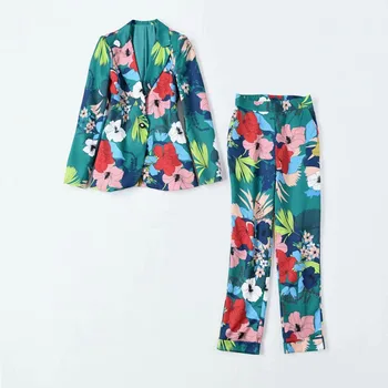 

HIGH QUALITY New 2020 Designer Runway Suit Set Women's Long sleeve Blazer Long pant Floral Pant Suit
