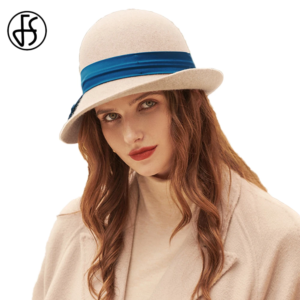 

FS Korean Wool Felt Dome Top Basin Fedora Hats For Women Winter Warm Church Cloche Derby Hat Fedoras Bowler Cap Big Bowknot 2021