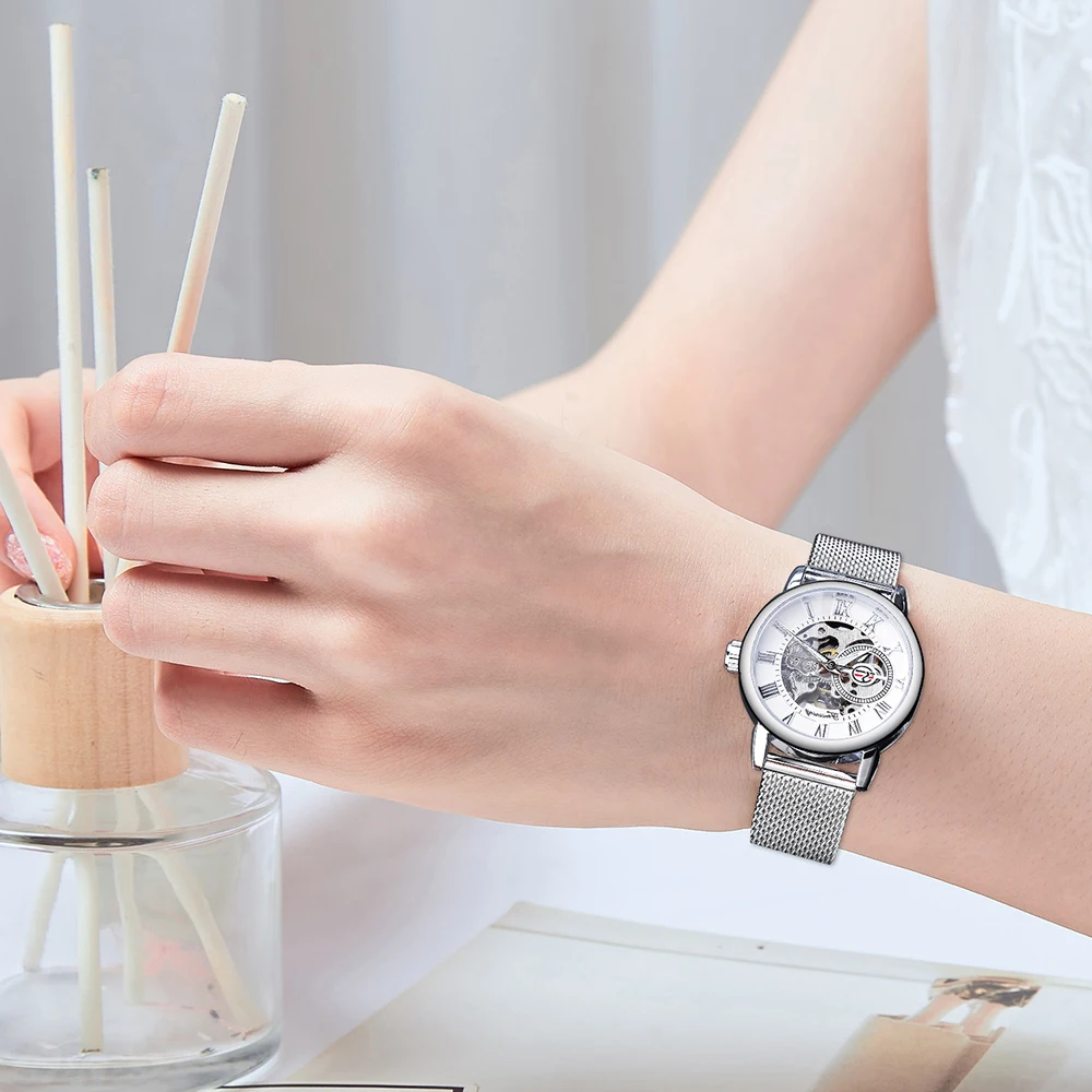 Forsining Fashion Luxury Silver Skeleton Women Mechanical Watch Roman Numerals Transparent Watches Stainless Steel Clock