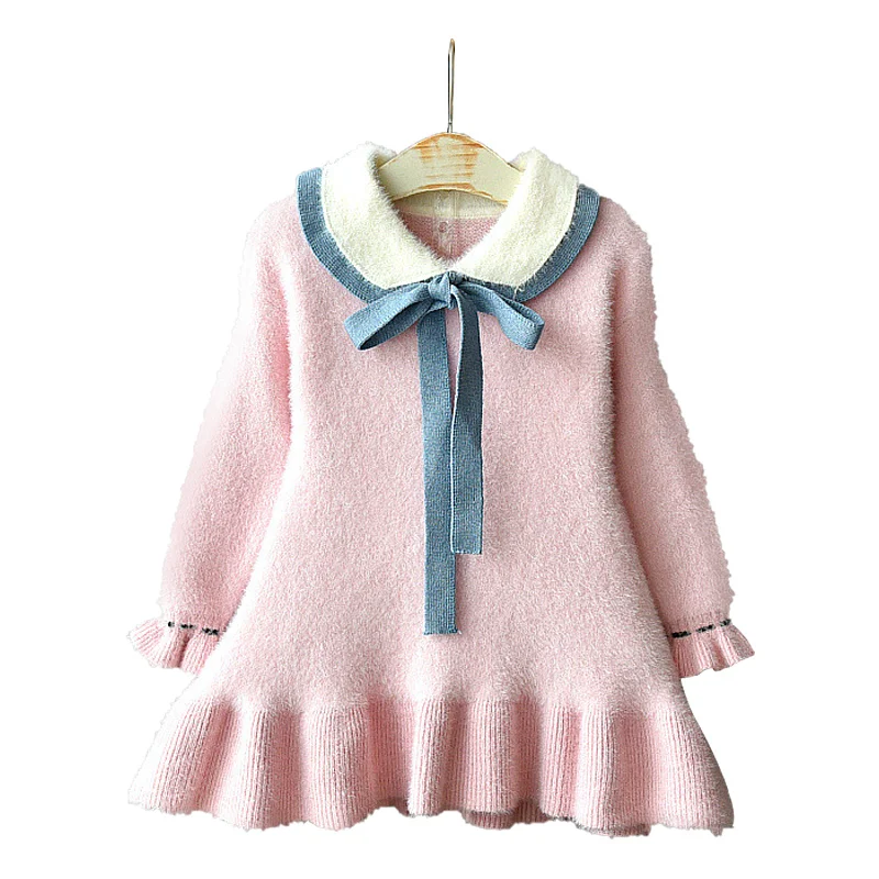 Pink Одежда для маленьких девочек; сезон осень-зима; трикотажное платье принцессы с длинными рукавами; воротник в виде листка лотоса; Кукольное платье; платье для девочек; одежда для малышей - Цвет: Pink