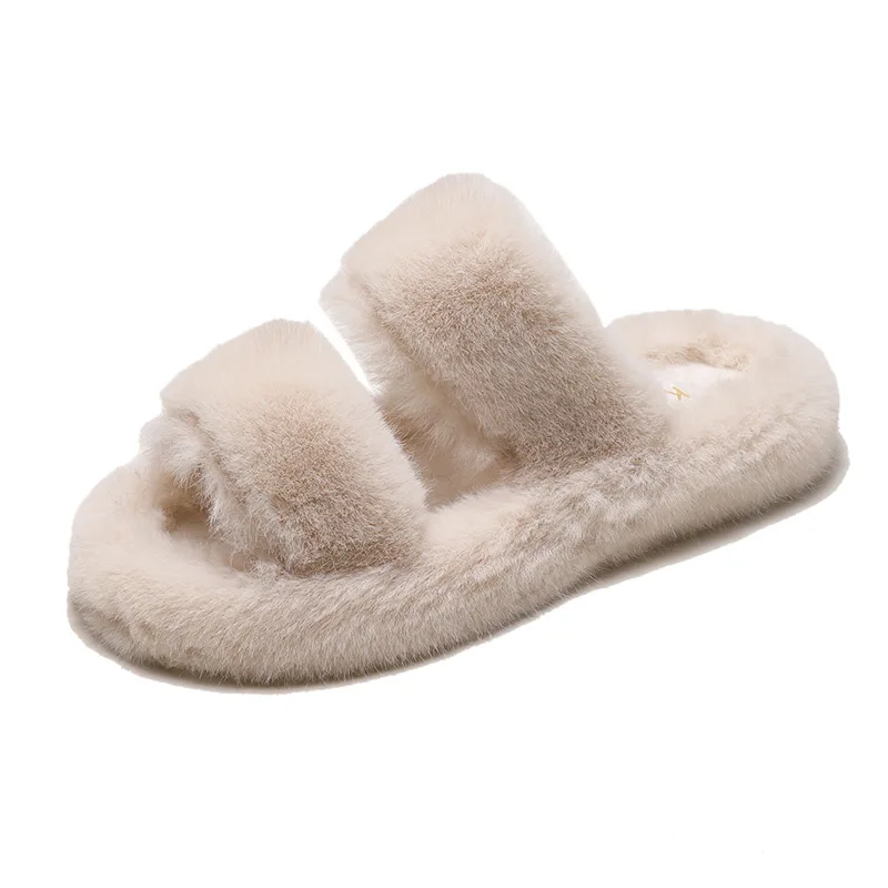 Winter Women Warm Faux Fur Home Slippers Ladies Cross Soft Plush Furry Female Open Toe Women's House Shoes Fashion Woman Slides - Цвет: 5