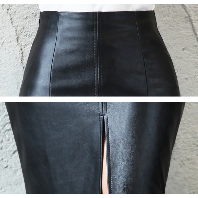 Women PU Leather Midi Skirt Autumn Winter Ladies Package Hip Front or Back Slit Pencil Skirt - Image 5