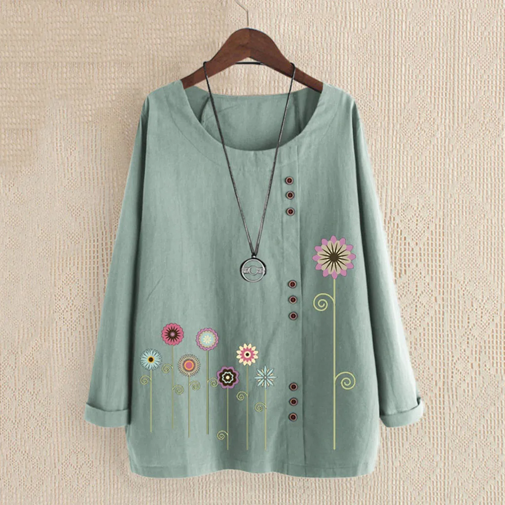 Spring Women Blouses Casual O-Neck Print Loose Button Long Sleeve Floral Shirt Top