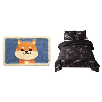 

1 set Bedding Set Printed Marble Bed Sets & 1pcs Cartoon Shiba Inu Doormat Anti-Slip Flocking Carpet Door Mats Doormats