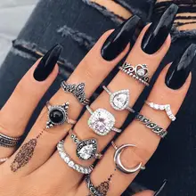 Conjunto de anéis de cristal feminino, anéis com articulações para meninas, lua, lótus, boêmio, joias da moda, presente