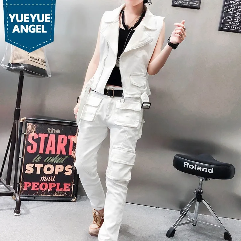 

Women Streetwear Slim Fit White Denim Vest & Multi Pockets Harem Jeans Two Piece Set Fashion 2019 Zipper Sleeveless Jacket 2XL