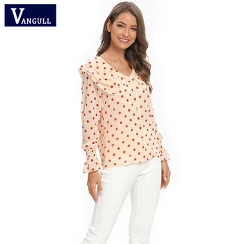 

Vangull New Women Doll collar Blouse Red Polka Dots Long Sleeve Flare sleeve Chiffon Shirt Female Sweet Casual Slim Chic Tops