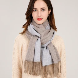 Reversible 100% Pure Wool Scarf Women Neck Warmer with Tassel Echarpe Wraps Ladies Winter Merino Cashmere Scarves Foulard Femme